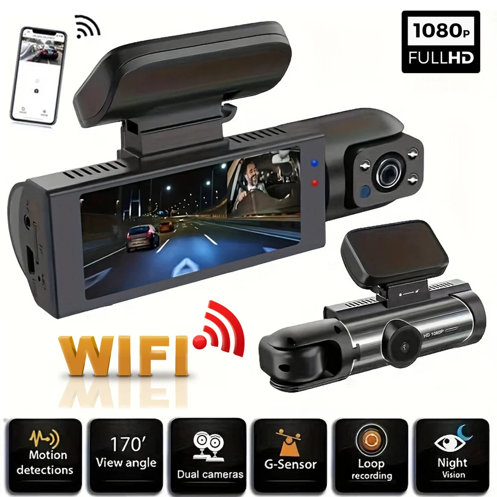 Experience Ultimate Safety with Our 1080P Dual Camera Dash Cam - Front and Inside Recording, IR Night Vision, and Loop Recording!