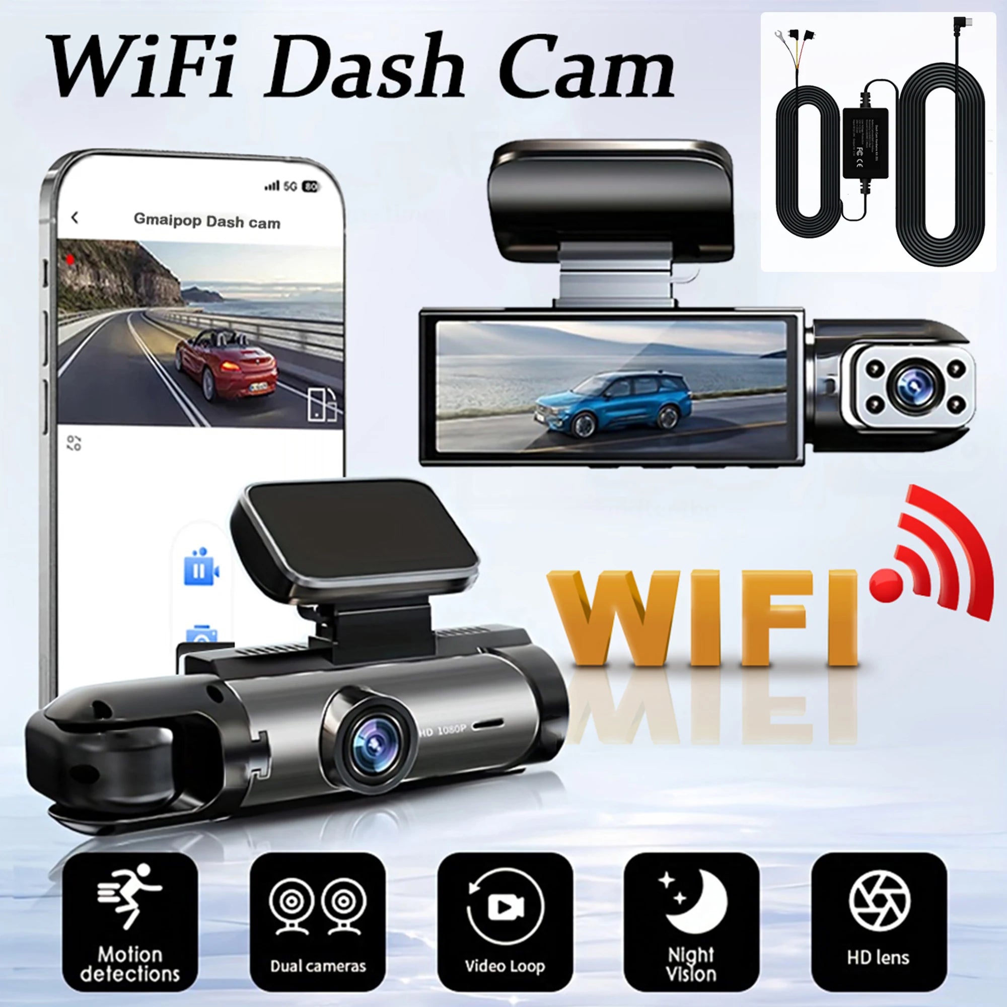 Experience Ultimate Safety with Our 1080P Dual Camera Dash Cam - Front and Inside Recording, IR Night Vision, and Loop Recording!